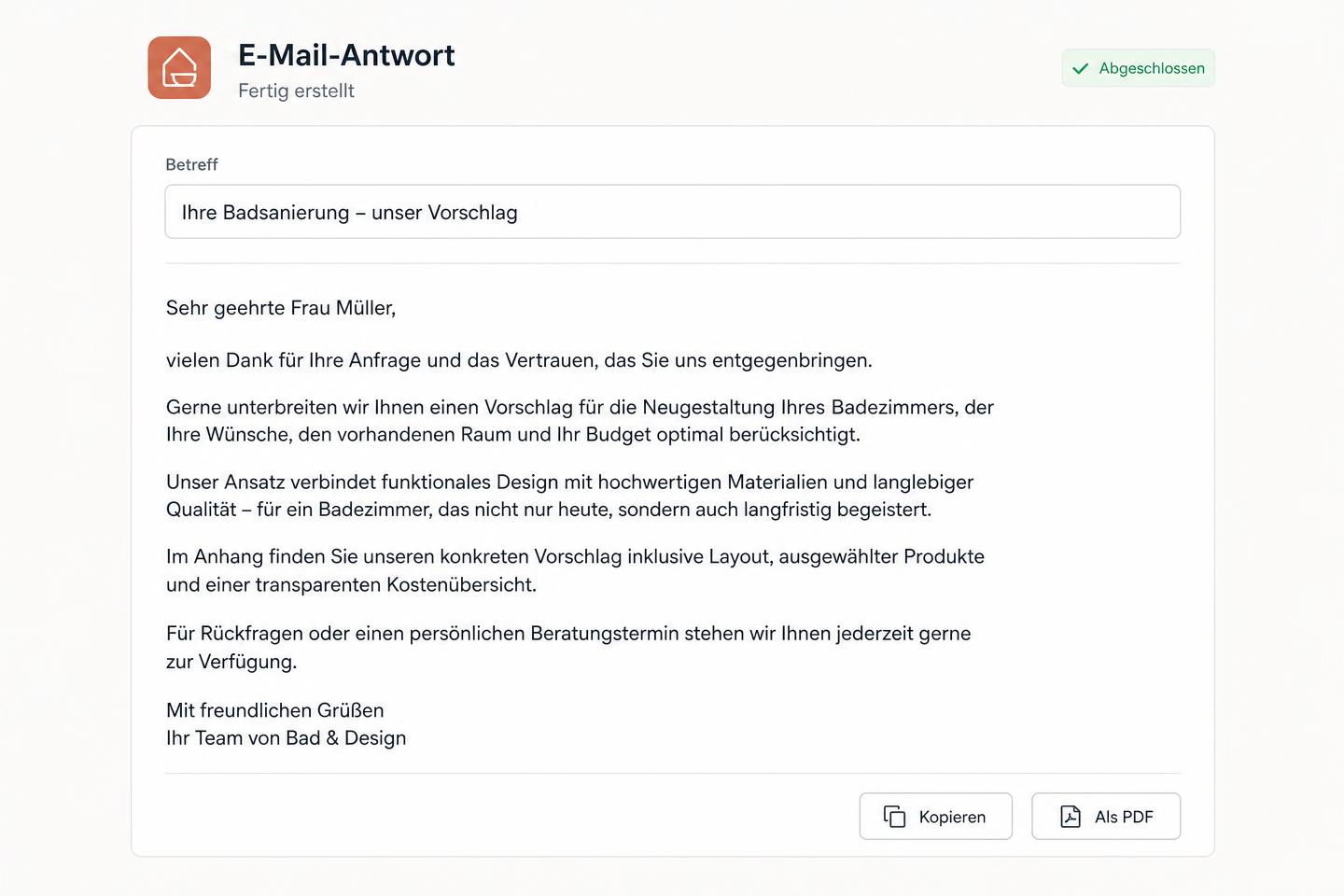 Fertige E-Mail-Antwort mit Betreffzeile zur Badsanierung