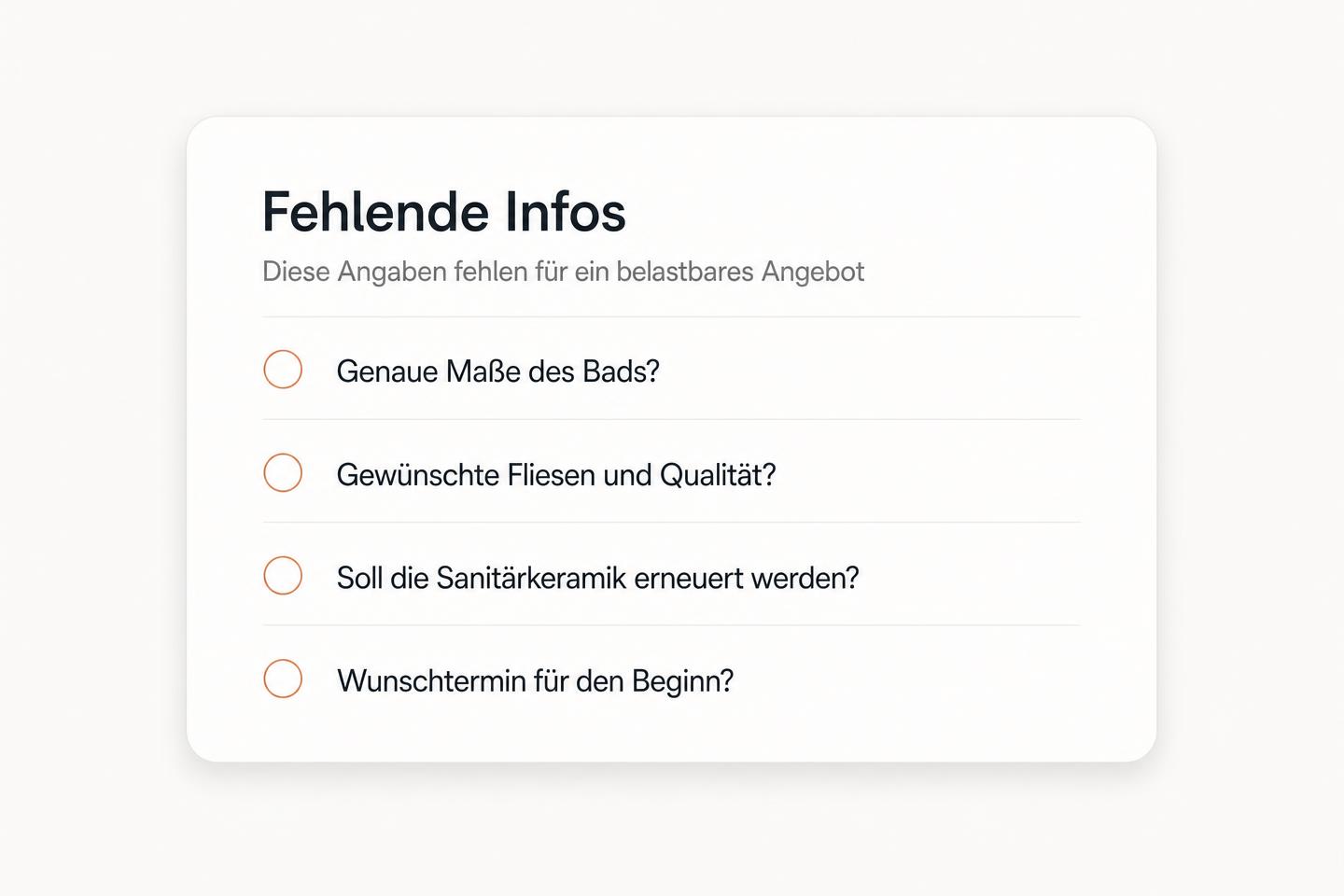 Liste fehlender Informationen mit vier Rückfragen zur Badsanierung