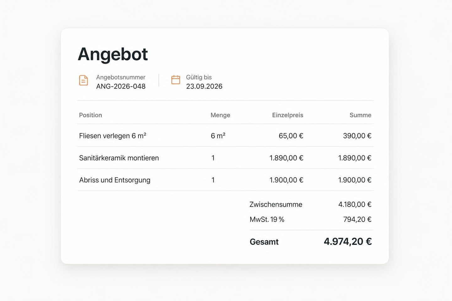 Angebot mit Positionen, Zwischensumme, Mehrwertsteuer und Gesamtbetrag