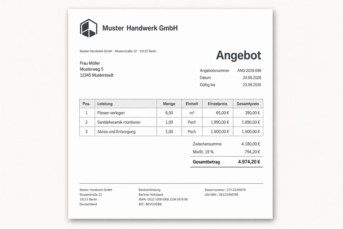 Vorschau des Angebots als PDF mit Briefkopf, Positionen und Bankdaten