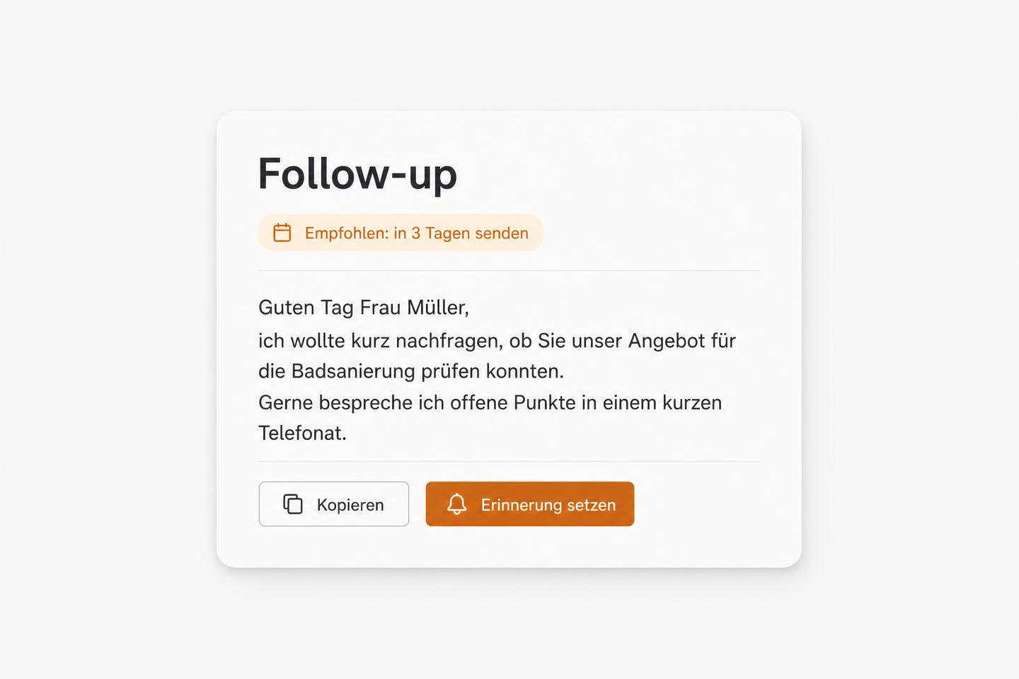 Follow-up-Nachricht mit Empfehlung, in drei Tagen zu senden