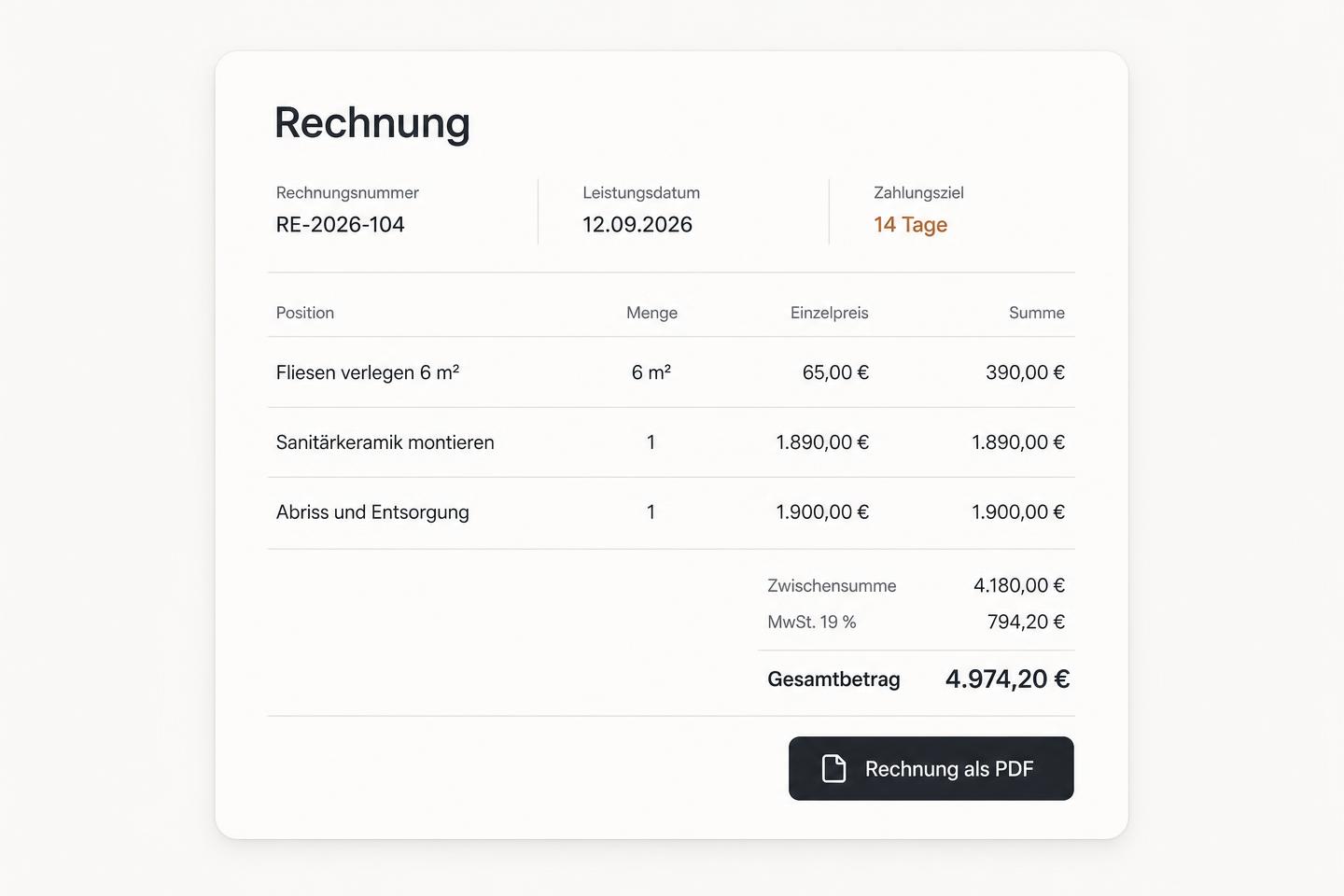 Rechnung mit Rechnungsnummer, Positionen und Gesamtbetrag