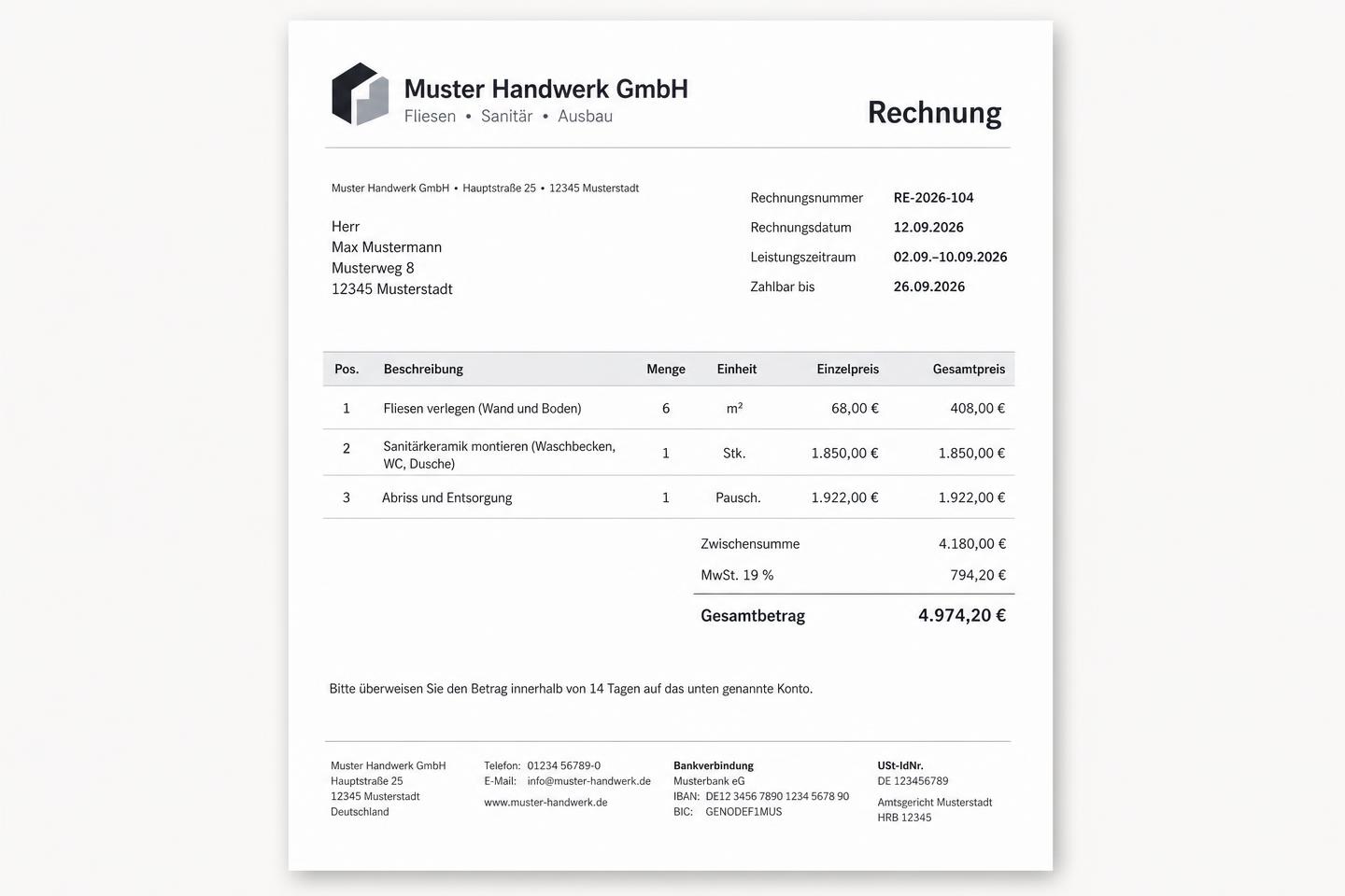 Vorschau der Rechnung als PDF mit Briefkopf, Zahlungshinweis und Bankdaten